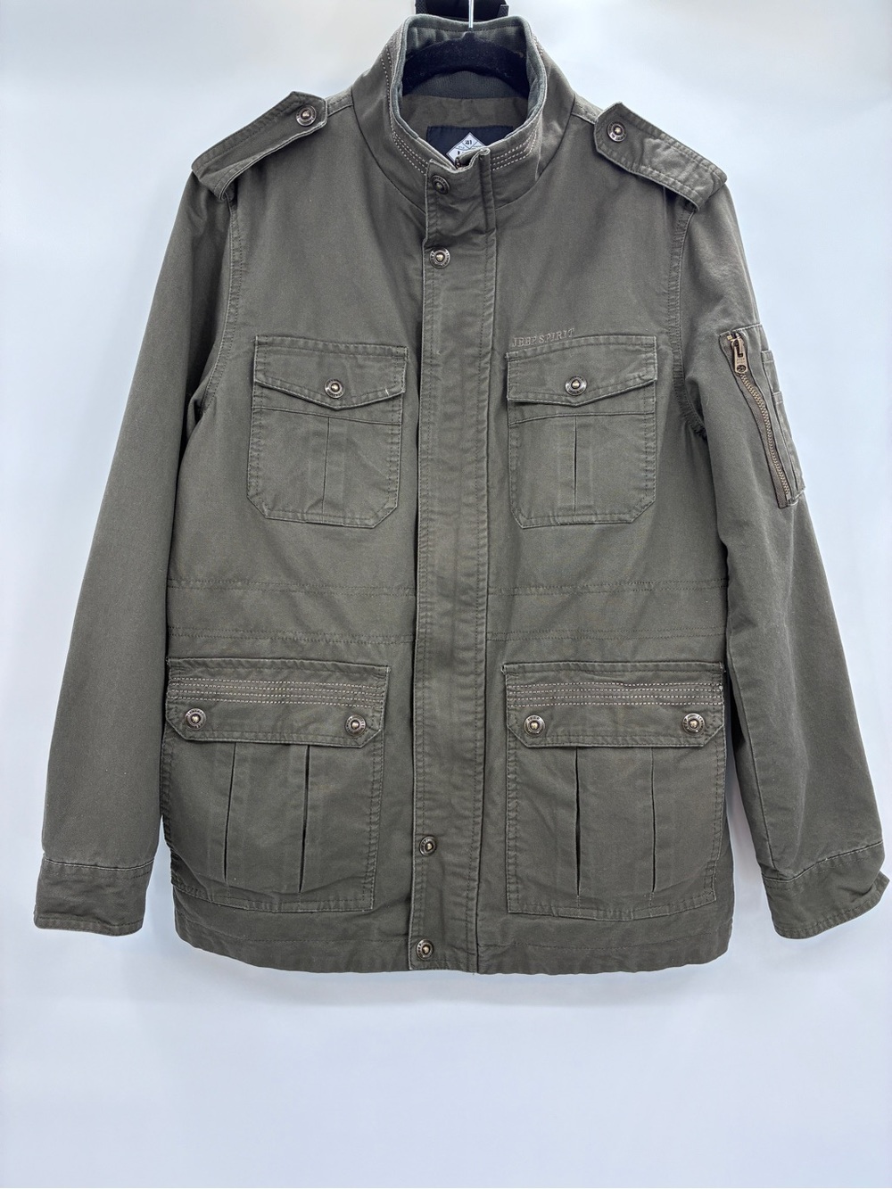 Jeep Spirit Men Green Military Utility Jacket Full Zip Pockets Mid-Length Small?
